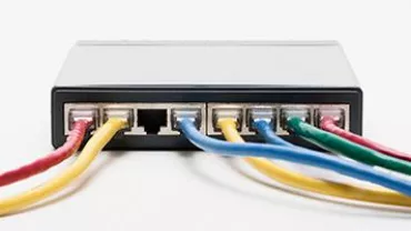 Network hub with multiple colored cables connected.